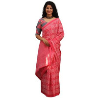 Kiaaron Womens Ikat Hand Block Print Jaipuri Cotton Mulmul Saree with Blouse Piece - Pink_445