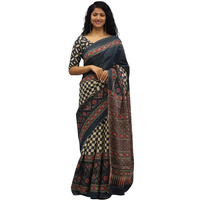 Kiaaron Womens Ikat Hand Block Print Jaipuri Cotton Mulmul Saree with Blouse Piece - Grey_452
