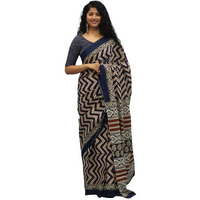Kiaaron Womens Ikat Hand Block Print Jaipuri Cotton Mulmul Saree with Blouse Piece -Black_457