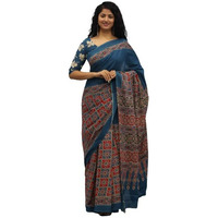 Kiaaron Womens Ikat Hand Block Print Jaipuri Cotton Mulmul Saree with Blouse Piece - Multi_453