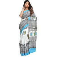 Kiaaron Womens Ikat Hand Block Print Jaipuri Cotton Mulmul Saree with Blouse Piece - White_SH13