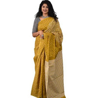 Kiaaron Womens Ikat Hand Block Print Jaipuri Cotton Mulmul Saree with Blouse Piece -Yellow_Sup428