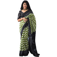Kiaaron Womens Hand Block Kalamkari Batik Bagru Jaipuri Ikat Printed Handloom Pure Cotton Mulmul Traditional Ethnic Cotton Sarees With Printed Blouse Piece - Green_Black