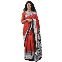 Kiaaron Womens Hand Block Kalamkari Batik Bagru Jaipuri Ikat Printed Handloom Pure Cotton Mulmul Traditional Ethnic Cotton Sarees With Printed Blouse Piece - Red