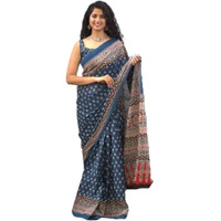 Kiaaron Womens Ikat Hand Block Print Jaipuri Cotton Mulmul Saree with Blouse Piece -Blue_Kia344
