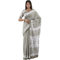 Kiaaron Handicrafts Womens Ikat Hand Block Print Jaipuri Cotton Mulmul Saree with Blouse Piece - Cream_12