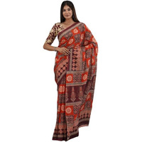 Kiaaron Handicrafts Womens Ikat Hand Block Print Jaipuri Cotton Mulmul Saree with Blouse Piece - Red_16