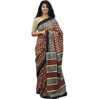 Kiaaron Womens Ikat Hand Block Print Jaipuri Cotton Mulmul Saree with Blouse Piece - Maroon_412