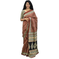 Kiaaron Womens Ikat Hand Block Print Jaipuri Cotton Mulmul Saree with Blouse Piece - Maroon_429