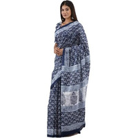 Kiaaron Handicrafts Womens Ikat Hand Block Print Jaipuri Cotton Mulmul Saree with Blouse Piece -Grey_13