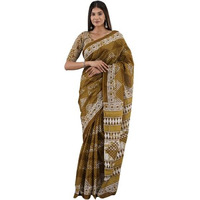 Kiaaron Handicrafts Womens Ikat Hand Block Print Jaipuri Cotton Mulmul Saree with Blouse Piece -Mustard_18