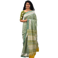Kiaaron Womens Ikat Hand Block Print Jaipuri Cotton Mulmul Saree with Blouse Piece - Green_431