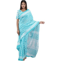 Kiaaron Handicrafts Womens Ikat Hand Block Print Jaipuri Cotton Mulmul Saree with Blouse Piece -Turquiose_11