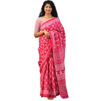 Kiaaron Womens Ikat Hand Block Print Jaipuri Cotton Mulmul Saree with Blouse Piece - Pink_418