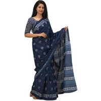 Kiaaron Handicrafts Womens Ikat Hand Block Print Jaipuri Cotton Mulmul Saree with Blouse Piece - Blue_34