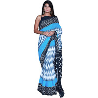 Kiaaron Womens Hand Block Kalamkari Batik Bagru Jaipuri Ikat Printed Handloom Pure Cotton Mulmul Traditional Ethnic Cotton Sarees With Printed Blouse Piece - Blue_White