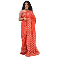 Kiaaron Ikat Hand Block Print Cotton Mulmul Saree with Blouse Piece for Women - Orange