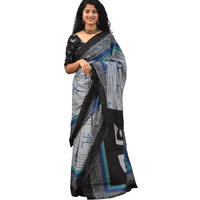 Kiaaron Womens Ikat Hand Block Print Jaipuri Cotton Mulmul Saree with Blouse Piece - Grey_159