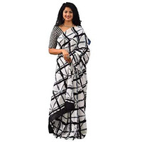 Kiaaron Womens Hand Block Kalamkari Batik Bagru Jaipuri Ikat Printed Handloom Pure Cotton Mulmul Traditional Ethnic Cotton Sarees With Printed Blouse Piece - Black_White