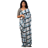 Kiaaron Womens Ikat Hand Block Print Jaipuri Cotton Mulmul Saree with Blouse Piece - White_274