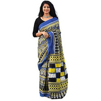 Kiaaron Ikat Hand Block Print Cotton Mulmul Saree with Blouse Piece for Women - Multi