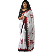 Kiaaron Womens Ikat Hand Block Print Jaipuri Cotton Mulmul Saree with Blouse Piece - White_170