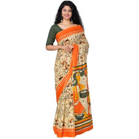 Kiaaron Womens Ikat Hand Block Print Jaipuri Cotton Mulmul Saree with Blouse Piece - Orange_165