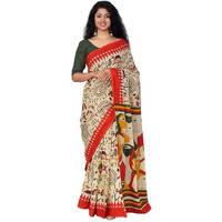 Kiaaron Womens Ikat Hand Block Print Jaipuri Cotton Mulmul Saree with Blouse Piece - Red_166