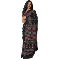 Kiaaron Womens Hand Block Kalamkari Batik Bagru Jaipuri Ikat Printed Handloom Pure Cotton Mulmul Traditional Ethnic Cotton Sarees With Printed Blouse Piece - Black