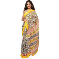 Kiaaron Womens Hand Block Kalamkari Batik Bagru Jaipuri Ikat Printed Handloom Pure Cotton Mulmul Traditional Ethnic Cotton Sarees With Printed Blouse Piece - Yellow