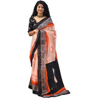 Kiaaron Womens Ikat Hand Block Print Jaipuri Cotton Mulmul Saree with Blouse Piece - Orange_172