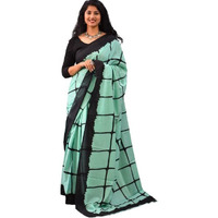 Kiaaron Womens Ikat Hand Block Print Jaipuri Cotton Mulmul Saree with Blouse Piece - Green_266