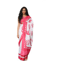 Kiaaron Womens Hand Block Kalamkari Batik Bagru Jaipuri Ikat Printed Handloom Pure Cotton Mulmul Traditional Ethnic Cotton Sarees With Printed Blouse Piece - Pink_White