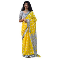 Kiaaron Womens Ikat Hand Block Print Jaipuri Cotton Mulmul Saree with Blouse Piece -Yellow_Kia378