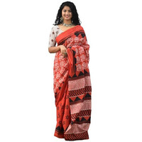 Kiaaron Womens Ikat Hand Block Print Jaipuri Cotton Mulmul Saree with Blouse Piece - Red_167