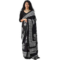 Kiaaron Ikat Hand Block Print Cotton Mulmul Saree with Blouse Piece for Women - Black