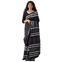 Kiaaron Womens Hand Block Kalamkari Batik Bagru Jaipuri Ikat Printed Handloom Pure Cotton Mulmul Traditional Ethnic Cotton Sarees With Printed Blouse Piece - Black