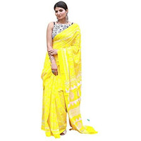 Kiaaron Womens Hand Block Kalamkari Batik Bagru Jaipuri Ikat Printed Handloom Pure Cotton Mulmul Traditional Ethnic Cotton Sarees With Printed Blouse Piece - Yellow