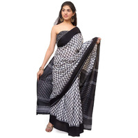 Kiaaron Womens Hand Block Kalamkari Batik Bagru Jaipuri Ikat Printed Handloom Pure Cotton Mulmul Traditional Ethnic Cotton Sarees With Printed Blouse Piece - Black_Grey