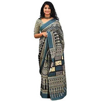 Kiaaron Ikat Hand Block Print Cotton Mulmul Saree with Blouse Piece for Women - Multi
