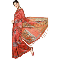 AKHILAM Womens Printed Kalamkari Silk Blend Saree With Unstitched Blouse Piece(Red_RR0KLMK13C)
