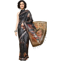 AKHILAM Womens Printed Kalamkari Silk Blend Saree With Unstitched Blouse Piece(Black_RR0KLMK13E)