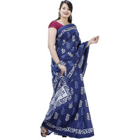 Kiaaron Womens Hand Block Kalamkari Batik Bagru Jaipuri Ikat Printed Handloom Pure Cotton Mulmul Traditional Ethnic Cotton Sarees With Printed Blouse Piece - White_Blue