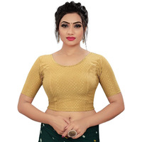 Sidhidata Round Neck Dobby Cotton Lycra Stretchable Elbow Sleeve Readymade Saree Blouse for Women Stylish (Free Size-28-36, Beige)