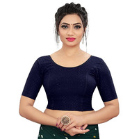 Sidhidata Womens Cotton Solid Short Sleeve Readymade Blouse (PS Dobby_Navy Blue_Free Size-38-42)