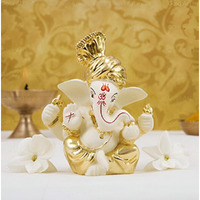 Gold Art India 3 x 3, Gold and Off White Ganesh Idol For Car Dashboard Ganesha Murti Ganpati Idol For Home Decor Puja Lord Ganesh Statue Gift For Office Desk Puja Room Figurine