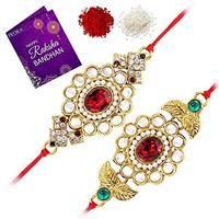 Peora Men Kundan & Crystal Stone Rakhi For Brother Combo Set Of 2 With Raksha Bandhan Greeting Card & Roli Chawal
