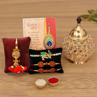 Collectible India Rakhi Gift for Brother Combo Set - Rakhi for Brother - Rakhi for Rakshabandhan Diya Gifts for Bhaiya Bhabhi- Akhand Crystal Diya Oil Lamp,Krishna Rakhi, Rudraksh Rakhi, Lumba Rakhi