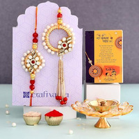 Rakhi Gift Combo for Brother, Brass Crystal Diya Oil Lamp with 4 Rakhi Gift Set - Rakhi for Bhaiya Bhabhi - Raksha Bandhan Card/Lumba Rakhi/Kundan Rakhi (M3- Bhaiya Bhabhi Pair)