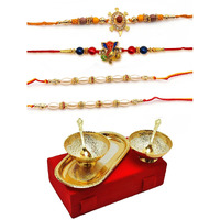 Collectible India Floral Design Rakhi & Gift Set for Brother [Gift Combo - Lumba Kada Rakhi with 2 Brass Bowl with Velvet Box, & Greeting Card